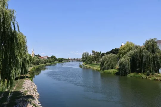 Fluss Timiș mit Blick auf die Stadt Lugoj, Rumänien